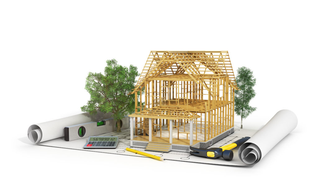 Concept of construction. 3d render of house in building process